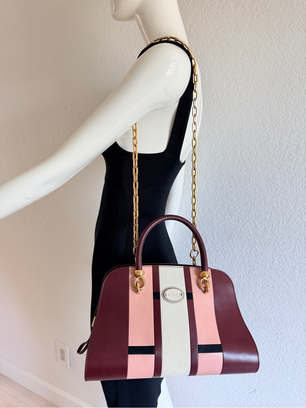 Tod's Pink and Burgundy Leather Stripe Satchel - Picture 10 of 10